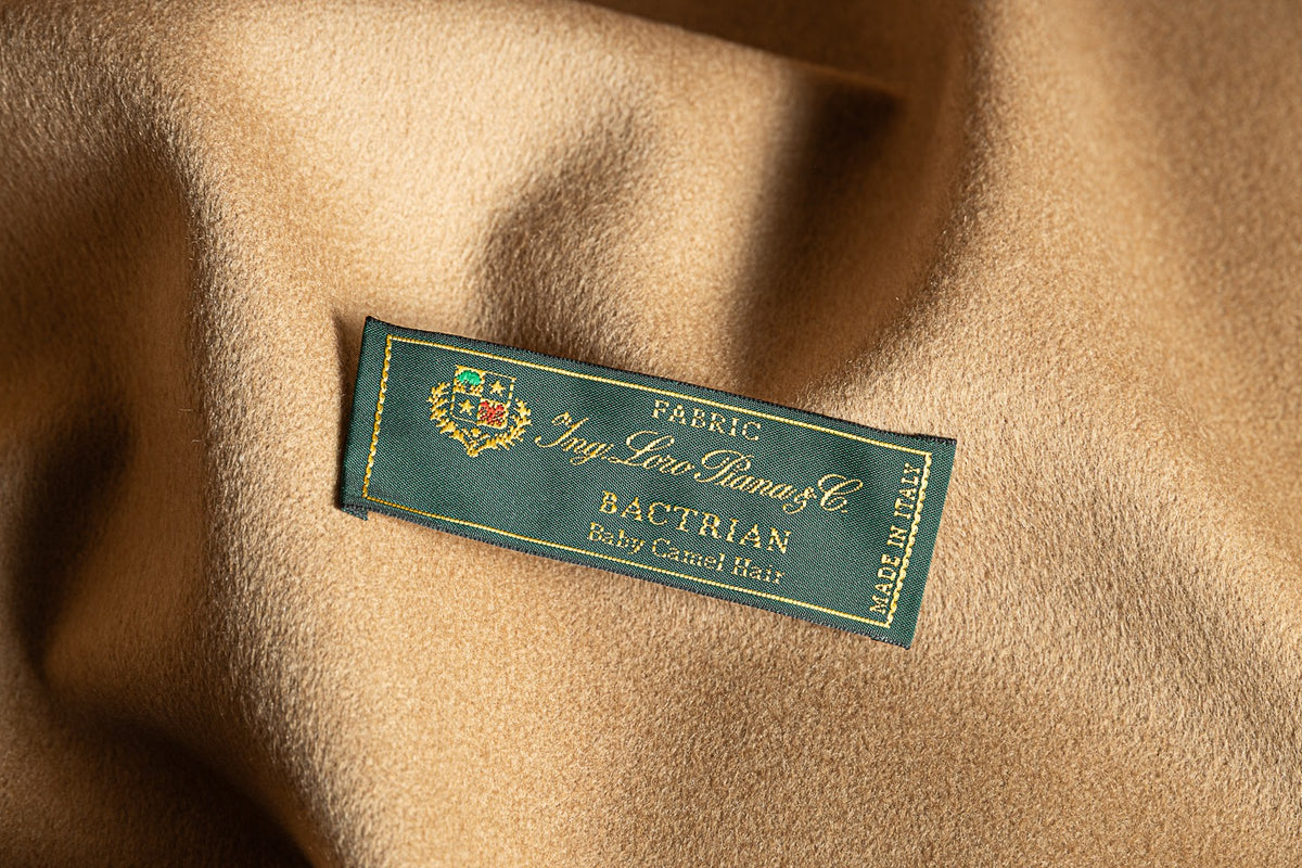 Loro Piana baby camel hair fabric with woven brand label