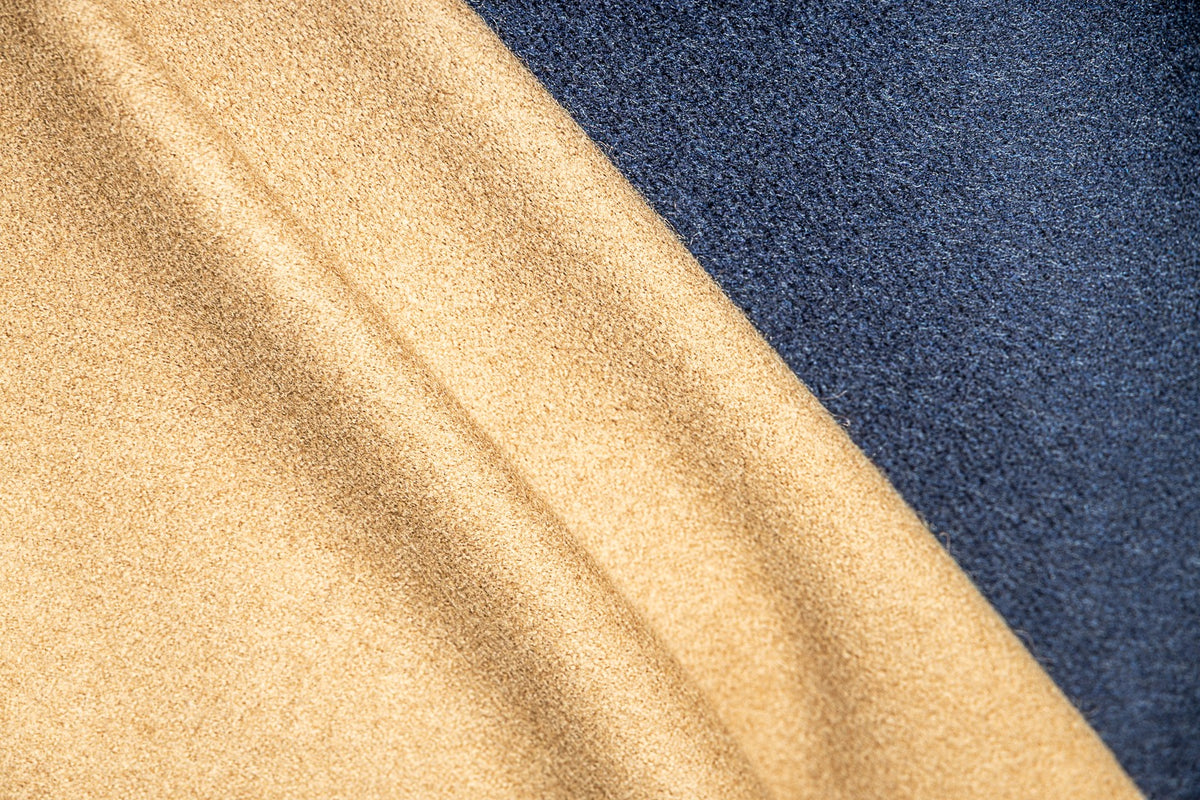 Loro Piana camel and navy overcoat fabrics